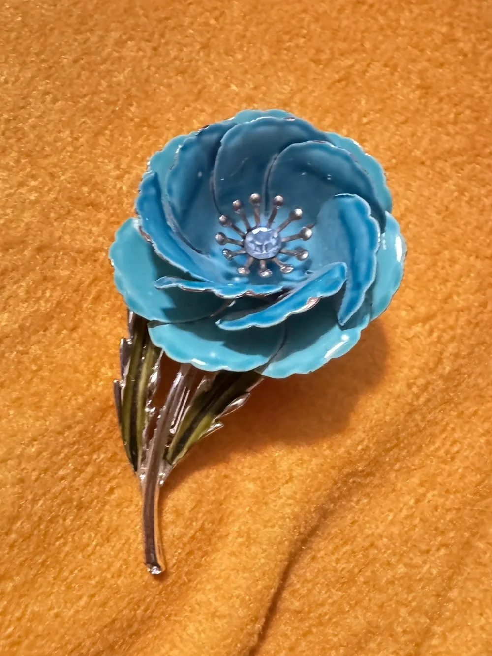 COROBlue Enamel Flower Brooch with Rhinestone Center